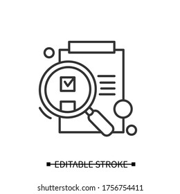 Idea Evaluation Icon. Paper On Clipboard Under Magnifying Glass Linear Pictogram. Research Stage Of Creative Process, Data Check And Idea Evaluation Concept. Editable Stroke Vector Web Illustration