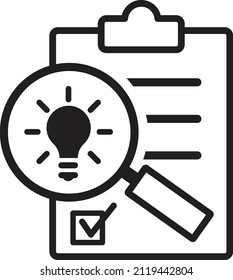 Idea evaluation icon. Paper on clipboard under magnifying glass