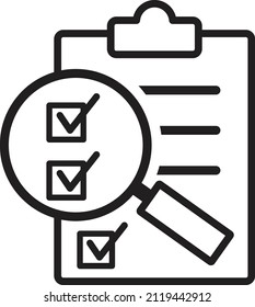 Idea evaluation icon. Paper on clipboard under magnifying glass