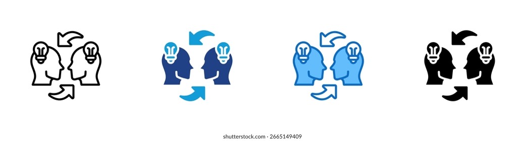 Idea Exchange Multi Style Icon Vector Design - Two heads with lightbulbs and directional arrows, illustrating the sharing of ideas