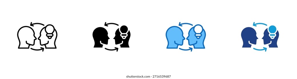 Vector de diseño de íconos de estilo múltiple: dos cabezas con flechas y una bombilla, que simbolizan la lluvia de ideas, la comunicación y la colaboración creativa