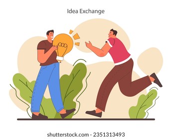 Idea exchange. Open-mindedness. The ability to accept new ideas and concepts. New idea generation in a brainstorm. Inspiration and imagination. Flat vector illustration