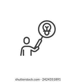 Icono de línea de exploración de ideas. signo de estilo lineal para concepto móvil y diseño web. Persona con un icono vectorial de lupa y contorno de lámpara. Símbolo, ilustración del logotipo. Gráficos vectoriales