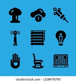 idea, explosion, syringe, blind, heart on the palm, antenna, information, rocking chair and laptop vector icon. Simple icons set