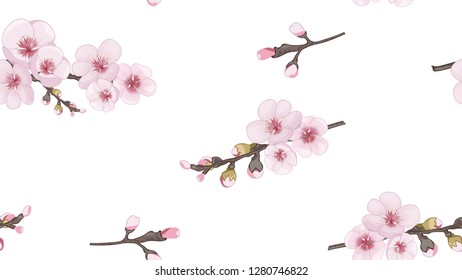 The idea of fabric, invitations, packaging, cards. Handmade Seamless pattern in oriental style. Flying sakura flowers. Pink on white background.