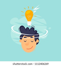 Idea, face with a lightbulb, business, start-up. Flat design vector illustration.