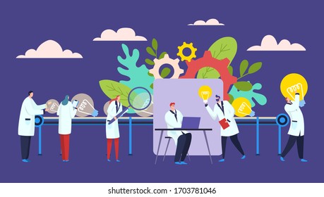 Idea factory business concept vector illustration. Teamwork with conveyor creative thoughts, light bulb idea. Man show boss idea, write to laptop. Woman worker examine empty light bulb.