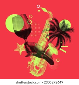 ideal para un evento festivo de verano con bebidas y música. Ilustración vectorial con efecto de semitono. 