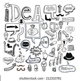 Idea and finance icons doodle set. Hand drawn vector illustration.