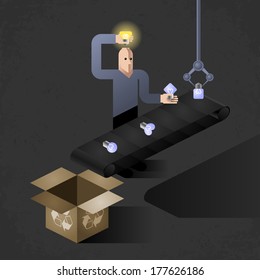 Idea Finder (vector version). Cartoon inventor inserting light bulbs into his head - one by one. Picture, illustrated an allegory of inventions