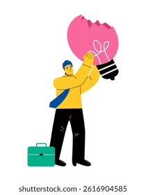 Idea finding. Business man is holding a broken light bulb. Flat vector illustration isolated on white background

