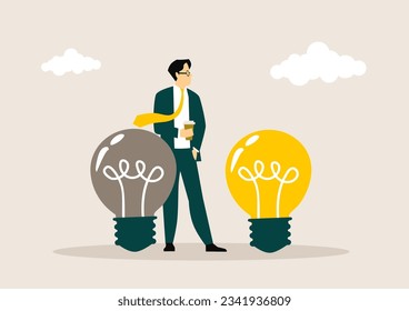 Idea finding illustration. Characters with light bulbs and celebrating success. People generating creative business ideas. Business solution concept. Vector illustration.