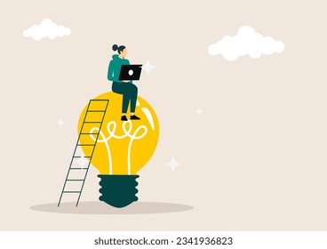 Idea finding illustration. Characters with light bulbs and celebrating success. People generating creative business ideas. Business solution concept. Vector illustration.