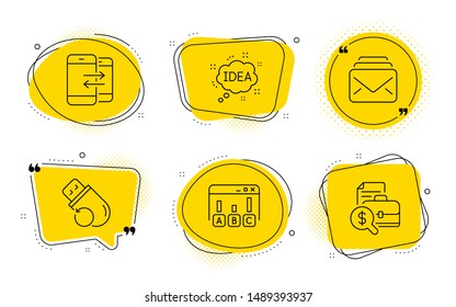 Idea, Flash memory and Accounting report signs. Chat bubbles. Mail, Survey results and Phone communication line icons set. New messages, Best answer, Incoming and outgoing calls. Vector
