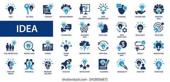 Idea flat icons set. Brainstorm, Testing, Startup, Knowledge, Imagination, Innovation, Creative idea, Thinking, Result and more signs. Flat icon collection.