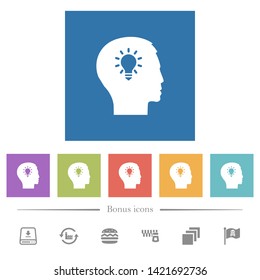 Idea flat white icons in square backgrounds. 6 bonus icons included.