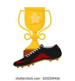The idea of a football victory. Football boots on the background of the winner's cup. Vector illustration.