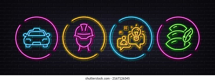 Idea, Foreman and Taxi minimal line icons. Neon laser 3d lights. Pillow icons. For web, application, printing. Solution, Engineer person, Passengers transport. Sleep cushion. Vector