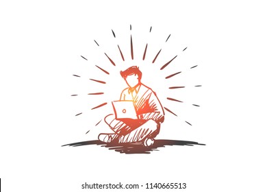 Idea, freelance, freedom, success, laptop concept. Hand drawn man working with laptop concept sketch. Isolated vector illustration.