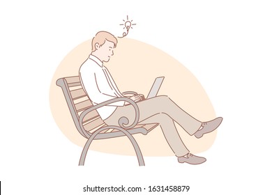 Idea, freelance, remote working concept. Young cheerful man does remote working on laptop. Happy boy got idea, while studying online and sitting on bench. Freelance is profitable business.