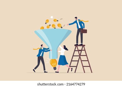 Idea funnel, brainstorm to get solution or final idea, creativity, innovation or imagination to create inspiring solution concept, business people help put small lightbulb in funnel to get final idea.