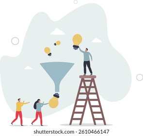Idea funnel, brainstorm to get solution or final idea, creativity, innovation or imagination to create inspiring solution concept.flat character life .