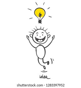 Idea! Funny little man with a light bulb above his head, vector illustration.