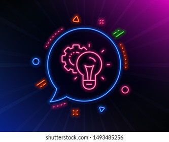 Idea gear line icon. Neon laser lights. Settings cogwheel sign. Working process symbol. Glow laser speech bubble. Neon lights chat bubble. Banner badge with idea gear icon. Vector