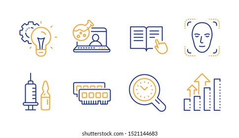 Idea gear, Read instruction and Ram line icons set. Time management, Online chemistry and Medical vaccination signs. Face detection, Analysis graph symbols. Technology process, Opened book. Vector