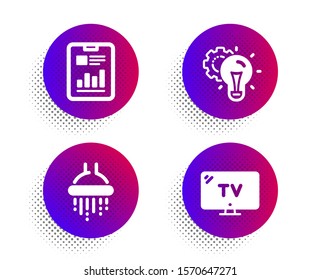 Idea gear, Shower and Report document icons simple set. Halftone dots button. Tv sign. Technology process, Bathroom, Page with charts. Television. Business set. Classic flat idea gear icon. Vector