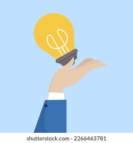 idea generating concept, bright lamp on palm. Idea, think outside the box, imagination, solution and venture.Brainstorm, big idea, business, flat illustration design.