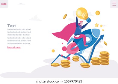 Idea generation, achieve goal, new startup, Businessman in hero costume in the rocket, lunching, creating business ideas.  Vector illustration for web, mobile.Earning money and getting profit.