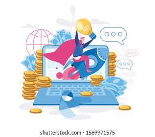 Idea generation, achieve goal, new startup, Businessman in hero costume in the rocket, lunching, creating business ideas.  Vector illustration for web, mobile.Earning money and getting profit.