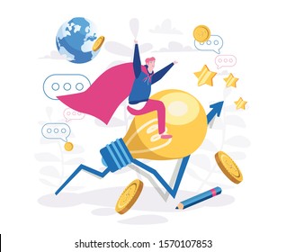 Idea generation, achieve goal, new startup, Businessman in hero costume in the light bubble, creating business ideas.  Vector illustration for web, mobile. Earning money.