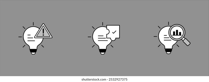 Ícones de geração e análise de ideias. Ideia criativa com riscos potenciais. Ideia planejada com etapas de ação. Análise e Pesquisa de Ideias.