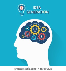 Business-Konzept der Idea Generation. Menschlicher Kopf mit Gehirn und Zahnräder. Infografische Vorlage. Vektorgrafik.