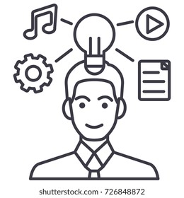 idea generation businessman marketing plan vector line icon, sign, illustration on background, editable strokes