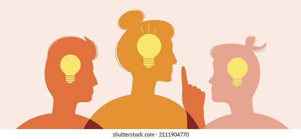Idea generation by people. Flat vector stock illustration. Idea symbol incandescent light bulb isolated. Teamwork and problem solving