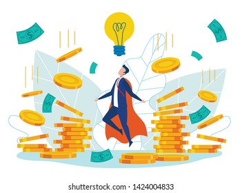 Idea Generation Cartoon Flat Vector Illustration. Businessman in Hero Costume Creating Business Ideas. Earning Money and Getting Profit. Reward for New Idea. Character Making Money. Work on Project. svg