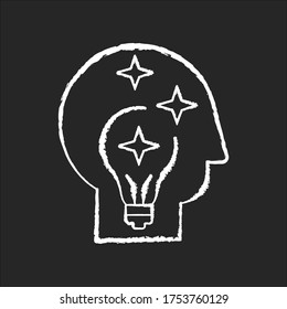 Idea generation chalk white icon on black background. Insight while brainstorming. Human head with innovative thought. Imagination for project development. Isolated vector chalkboard illustration
