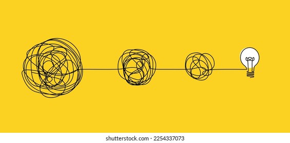 idea generation and collecting thoughts concept, brainstorming continuous single line drawing with complex entangled line unraveling to glowing light bulb, line art vector illustration