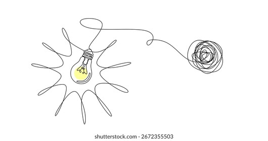 Concepto de generación de ideas y recopilación de pensamientos, lluvia de ideas, dibujo continuo de una sola línea con una compleja línea enredada que se desenreda en una bombilla brillante, Ilustración vectorial de arte de línea