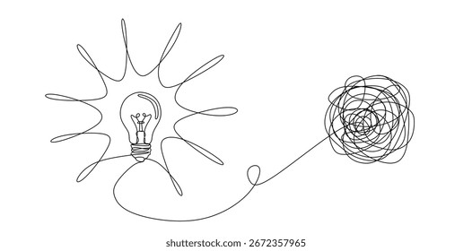 geração de ideias e recolha de pensamentos conceito, brainstorming contínuo desenho de linha única com linha emaranhada complexa desenrolando para lâmpada de luz brilhante, ilustração vetor de arte de linha