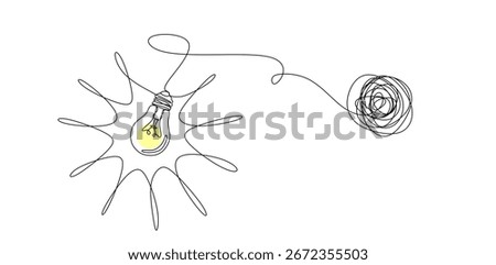 idea generation and collecting thoughts concept, brainstorming continuous single line drawing with complex entangled line unraveling to glowing light bulb, line art vector illustration