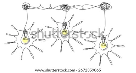 idea generation and collecting thoughts concept, brainstorming continuous single line drawing with complex entangled line unraveling to glowing light bulb, line art vector illustration
