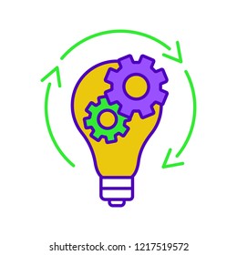 Idea generation color icon. Startup development. New business concept. Innovations. Light bulb with cogwheels inside and circle arrow. Isolated vector illustration