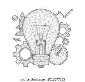 Idea generation concept art. Polygonal vector illustration of a light bulb, gears, speedometer and rocket. Search engine optimization low poly design.