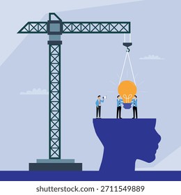 Idea Generation and Concept Construction: Crane Lifting Lightbulb 2d flat vector illustration