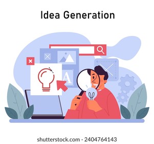 Idea Generation concept. A creative professional explores innovative solutions, utilizing digital tools for brainstorming and concept development. Exploration and creativity visualized. Flat vector