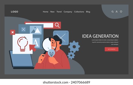 Idea Generation concept. A creative professional explores innovative solutions, utilizing digital tools for brainstorming and concept development. Exploration and creativity visualized. Flat vector